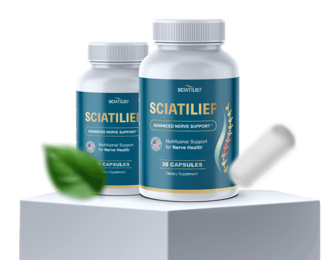 Two Sciatilief bottles showcasing premium packaging for nerve health support.